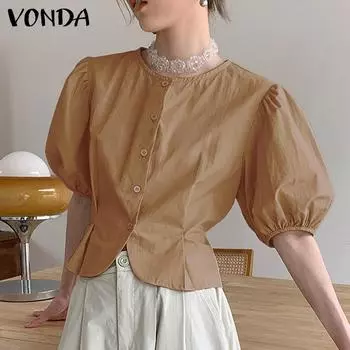 VONDA Женская летняя плиссированная однотонная свободная рубашка с круглым вырезом и коротким рукавом на пуговицах