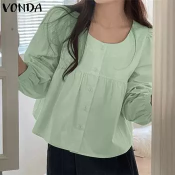 VONDA женская летняя плиссированная повседневная однотонная рубашка с круглым вырезом и длинными рукавами и пуговицами 2XL хаки