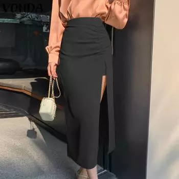 VONDA Женская летняя плиссированная прямая однотонная юбка средней длины с высокой талией и разрезом