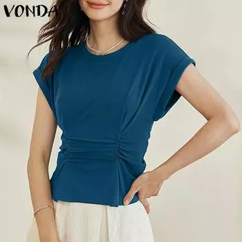 VONDA женская летняя плиссированная свободная блузка с круглым вырезом и короткими рукавами, заниженными плечами и шнурком