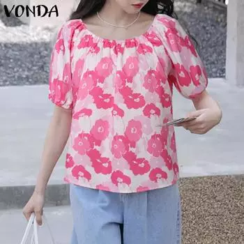 VONDA женская летняя повседневная блузка с большим круглым вырезом на одно плечо и коротким рукавом с принтом
