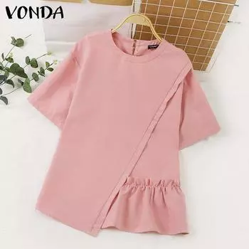 VONDA женская летняя повседневная блузка с круглым вырезом и коротким рукавом, однотонная, свободная, с нерегулярным подолом