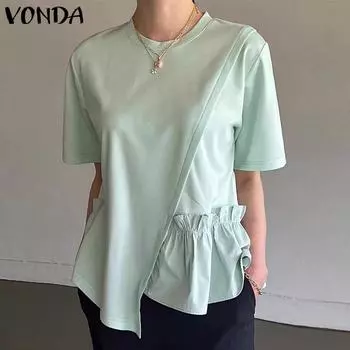 VONDA женская летняя повседневная блузка с круглым вырезом и коротким рукавом, однотонная, свободная, с нерегулярным подолом