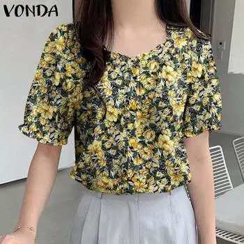 VONDA Женская летняя повседневная блузка с круглым вырезом и коротким рукавом с цветочным принтом