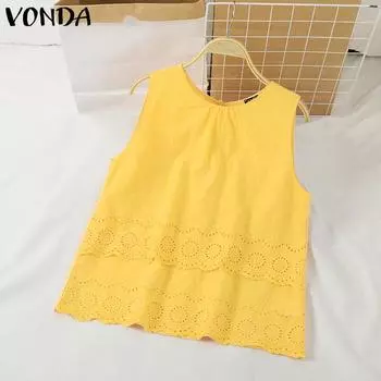 VONDA Женская летняя повседневная блузка с круглым вырезом без рукавов с принтом S жёлтый