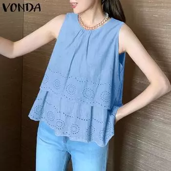 VONDA Женская летняя повседневная блузка с круглым вырезом без рукавов с принтом