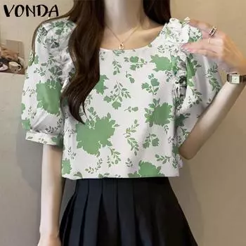 VONDA женская летняя повседневная блузка с круглым вырезом и пышными буфами с короткими рукавами и рюшами и галстуком с принтом