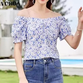 VONDA женская летняя повседневная блузка с квадратным вырезом и короткими рукавами и бусинами, дизайн с оборками на талии