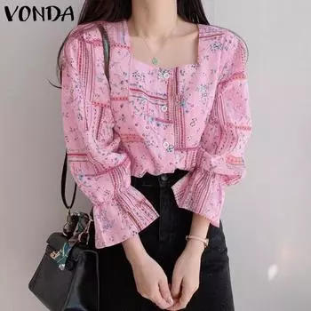 VONDA женская летняя повседневная блузка с квадратным вырезом, рюшами и пуговицами, с принтом