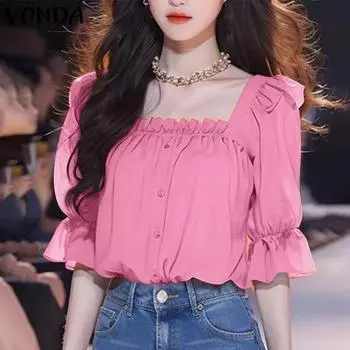 VONDA Женская летняя повседневная блузка с квадратным вырезом и короткими рукавами 5XL оранжевый