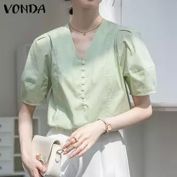 VONDA Женская летняя повседневная блузка свободного кроя с V-образным вырезом и коротким рукавом S фиолетовый