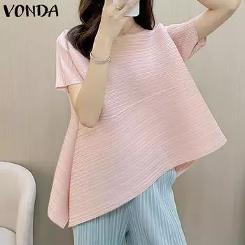 VONDA женская летняя повседневная блузка свободного кроя с круглым вырезом и коротким рукавом в полоску 2XL оранжевый