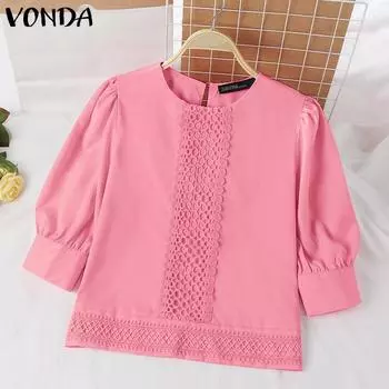 VONDA женская летняя повседневная кружевная блузка с круглым вырезом и пышным рукавом, сплошной цвет, свободная блузка 2XL розовый