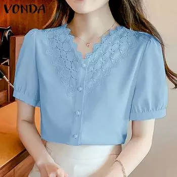 VONDA женская летняя повседневная кружевная блузка с v-образным вырезом и короткими рукавами и пуговицами