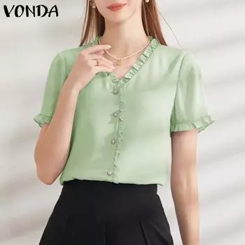 VONDA Женская летняя повседневная кружевная блузка с V-образным вырезом и коротким рукавом