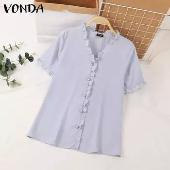 VONDA Женская летняя повседневная кружевная блузка с V-образным вырезом и коротким рукавом