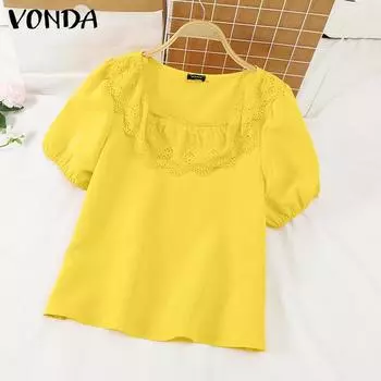 VONDA Женская летняя повседневная кружевная блузка с круглым вырезом и коротким рукавом