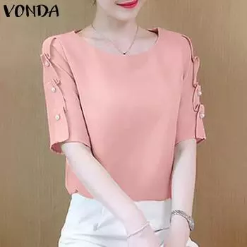 VONDA женская летняя повседневная однотонная свободная блузка с круглым вырезом и листом лотоса с жемчугом и короткими рукавами S синий