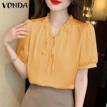 VONDA женская летняя повседневная однотонная свободная блузка с v-образным вырезом и короткими рукавами, трехмерная кружевная однотонная блузка 3XL розовый
