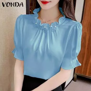 VONDA женская летняя повседневная однотонная свободная блузка с воротником лотоса и короткими рукавами, плиссированная трехмерная цветочная блузка 5XL розовый