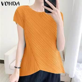 VONDA женская летняя повседневная однотонная свободная блузка с круглым вырезом и короткими рукавами и короткими рукавами