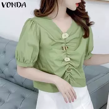 VONDA женская летняя повседневная однотонная свободная блузка с v-образным вырезом и короткими рукавами и пуговицами