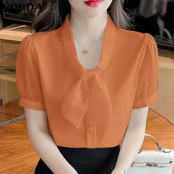 VONDA женская летняя повседневная однотонная свободная блузка с v-образным вырезом и короткими рукавами на бретелях 4XL жёлтый