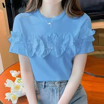 VONDA женская летняя повседневная однотонная свободная блузка с круглым вырезом и коротким рукавом, украшенная цветком 4XL жёлтый