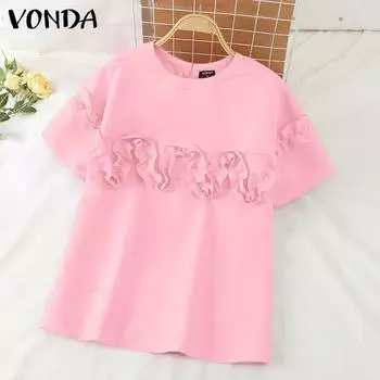 VONDA женская летняя повседневная однотонная свободная блузка с круглым вырезом и коротким рукавом, украшенная цветком