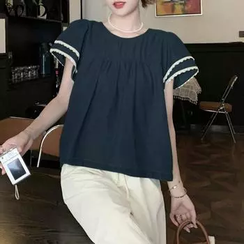 VONDA женская летняя повседневная однотонная свободная блузка с круглым вырезом и коротким рукавом L чёрный