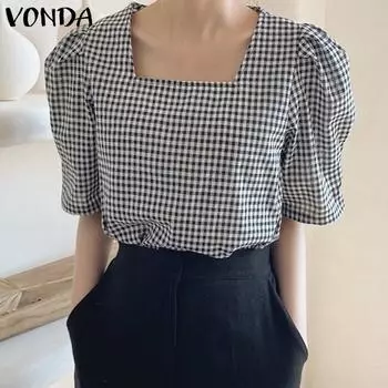 VONDA женская летняя повседневная однотонная свободная блузка в клетку с квадратным вырезом и короткими рукавами 2XL синий