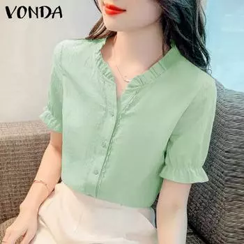 VONDA женская летняя повседневная однотонная свободная блузка с v-образным вырезом и короткими рукавами