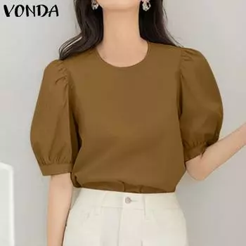 VONDA женская летняя повседневная однотонная свободная блузка с круглым вырезом и короткими рукавами S оранжевый