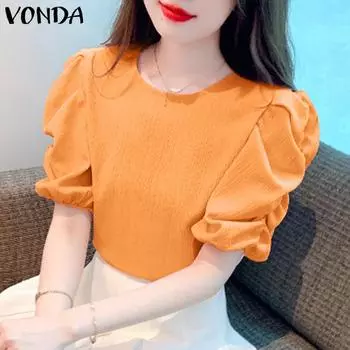 VONDA женская летняя повседневная однотонная свободная блузка с круглым вырезом и короткими рукавами