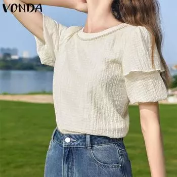 VONDA Женская летняя повседневная однотонная свободная блузка с круглым вырезом и короткими рукавами, украшенная жемчугом