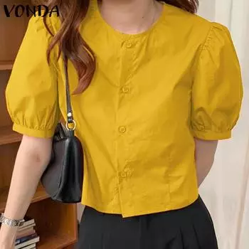 VONDA женская летняя повседневная однотонная свободная блузка с круглым вырезом и короткими рукавами
