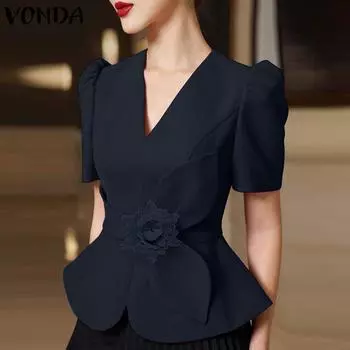 VONDA женская летняя повседневная однотонная свободная блузка с v-образным вырезом и коротким рукавом с цветочным декором 2XL оранжевый