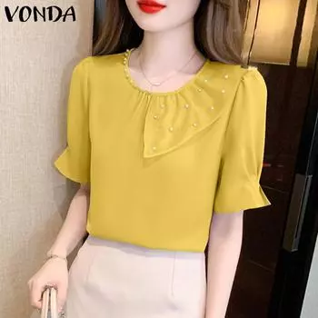 VONDA женская летняя повседневная однотонная свободная блузка с круглым вырезом и листом лотоса с короткими рукавами и бисером