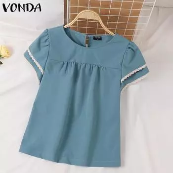 VONDA женская летняя повседневная однотонная свободная блузка с круглым вырезом и коротким рукавом S синий
