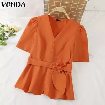 VONDA женская летняя повседневная однотонная свободная блузка с v-образным вырезом и коротким рукавом с цветочным декором 2XL оранжевый