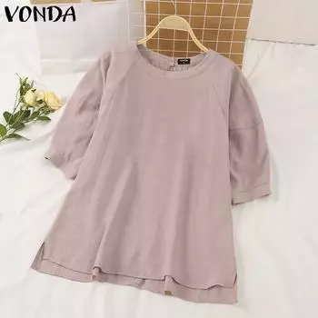 VONDA женская летняя повседневная однотонная свободная блузка с круглым вырезом и короткими рукавами