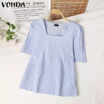 VONDA женская летняя повседневная однотонная свободная блузка в клетку с квадратным вырезом и короткими рукавами 2XL синий