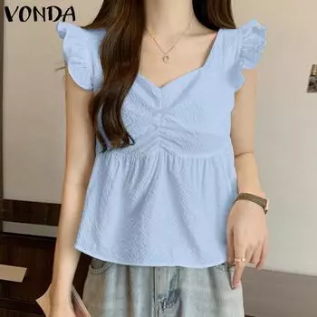 VONDA женская летняя повседневная однотонная свободная плиссированная блузка с v-образным вырезом и рюшами на рукавах