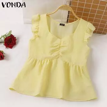 VONDA женская летняя повседневная однотонная свободная плиссированная блузка с v-образным вырезом и рюшами на рукавах