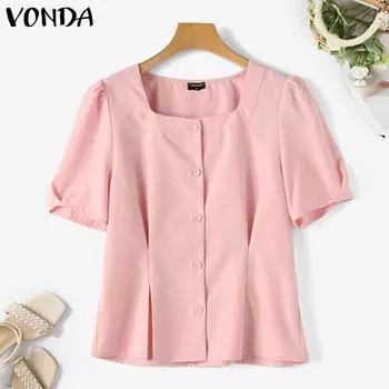 VONDA женская летняя повседневная однотонная свободная рубашка с квадратным вырезом и короткими рукавами, плиссированная пуговица