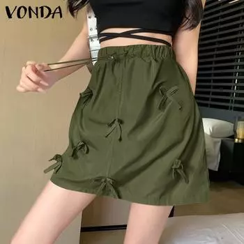 VONDA Женская летняя повседневная однотонная свободная юбка на шнурке
