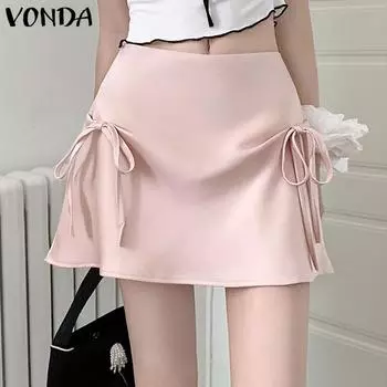 VONDA Женская летняя повседневная однотонная свободная юбка на бретелях 4XL розовый