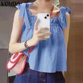 VONDA женская летняя повседневная плиссированная однотонная свободная блузка без рукавов с квадратным вырезом и ремнями 2XL жёлтый