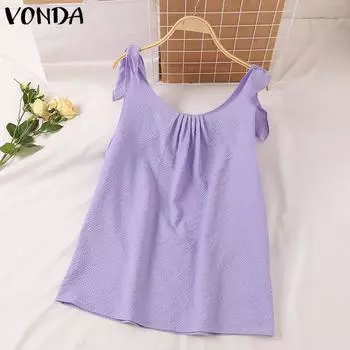 VONDA женская летняя повседневная плиссированная однотонная свободная блузка без рукавов с круглым вырезом и галстуком 2XL фиолетовый