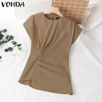 VONDA женская летняя повседневная плиссированная однотонная свободная блузка с круглым вырезом и короткими рукавами